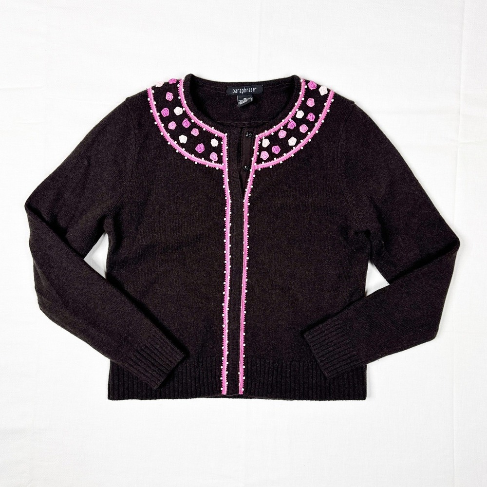 Vintage Y2K Rosette Cardigan Sweater Lambswool Brown Medium Twee Soft Girl‎